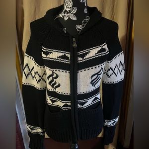 Rocawear Size M Fold Collared Full Zip Chunky Cable Knit Sweater Black/White